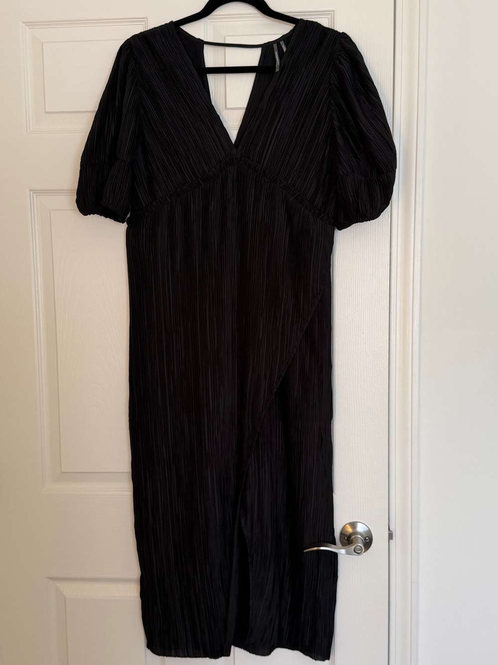 Anthropologie Black V-Neck Puff Sleeve Midi Dress